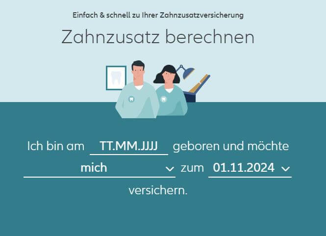 Bild Allianz Startseite Eingabemaske zum Berechnen einer Zahnzusatzversicherung mit Geburtsdatum und gewünschtem Versicherungsbeginn