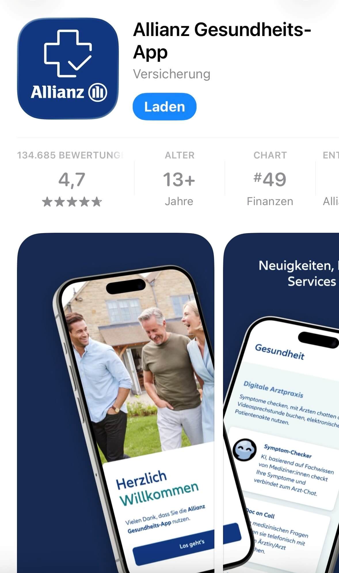 Rechnungs-App App-Store-Ansicht der Allianz Gesundheits-App mit Download-Button, Bewertung 4,7 und Vorschaubildern der App