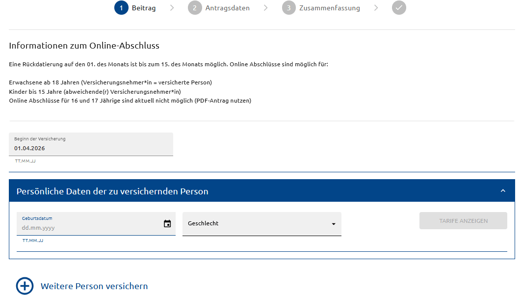 Online-Antragsformular mit Schrittanzeige &bdquo;Beitrag&ldquo; sowie Feldern für Versicherungsbeginn, Geburtsdatum und Geschlecht der zu versichernden Person