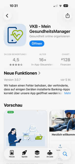 App-Store-Seite der App &bdquo;VKB &ndash; Mein GesundheitsManager&ldquo; mit Bewertung 4,5 Sternen, Altersfreigabe 16+ und Button &bdquo;Öffnen&ldquo;